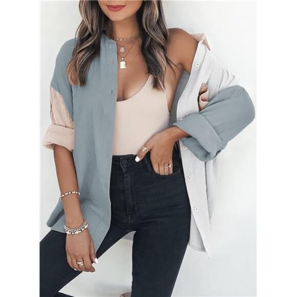 Women's Color Block Button Down Shirts Long Sleeve Polo Oversized‎ Blouses Tops - Picture 3 of 5